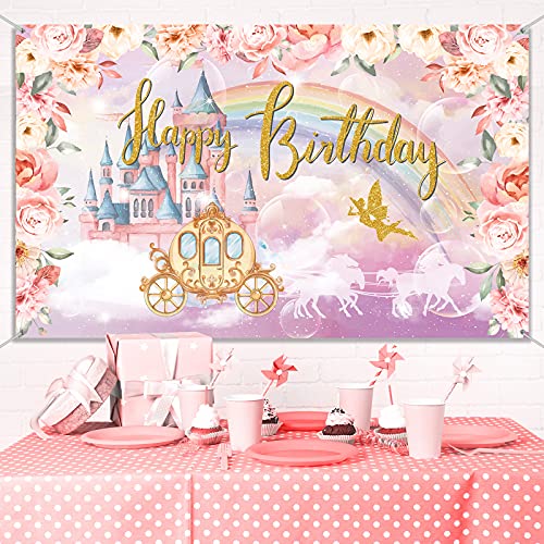 Princess Birthday Party Decorations Supplies Princess Theme Backdrop Background Banner for Girl Birthday Party Favor Gold and Pink Royal Castle Carriage Crown Floral Photography Booth Cake Table Decor