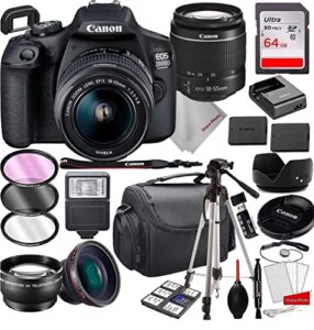 2000d (rebel t7) dslr camera with 18-55mm f/3.5-5.6 iii zoom lens bundle + 64gb memory, case, tripod, extra battery and more