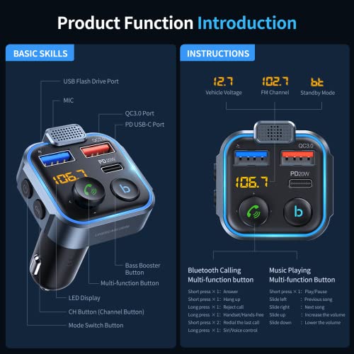 UNBREAKcable Bluetooth 5.0 FM Transmitter for Car, [PD 20W + QC 3.0] [Stronger Microphone & HiFi Bass Sound] Cigarette Lighter Radio Music Adapter Charger, Supports Hands-Free Siri Google Assistant