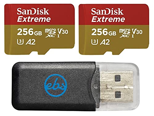 SanDisk Extreme (UHS-1 U3 / V30) A2 256GB MicroSD (2 Pack) Memory Card for GoPro Hero 9 Black Action Cam Hero9 SDXC (SDSQXA1-256G-GN6MN) Bundle with (1) Everything But Stromboli Micro SD Card Reader