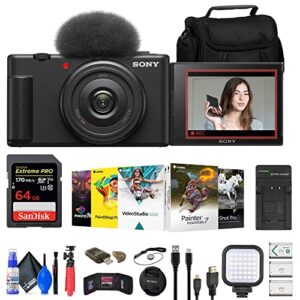 sony zv-1f vlogging camera (black) (zv1fb) + case + 64gb card + 2 x np-bx1 battery + card reader + corel photo software + led light + charger + flex tripod + memory wallet + more
