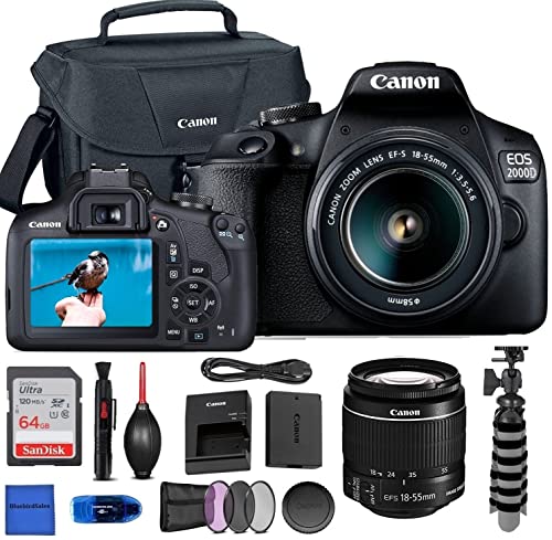 Camera EOS 2000D (Rebel T7) DSLR Camera w/EF-S 18-55mm F/3.5-5.6 Zoom Lens + Case + Sandisk 64GB Memory Card + 3pc Filter Kit + Card Reader + Tripod + Cleaning Kit (International Model)