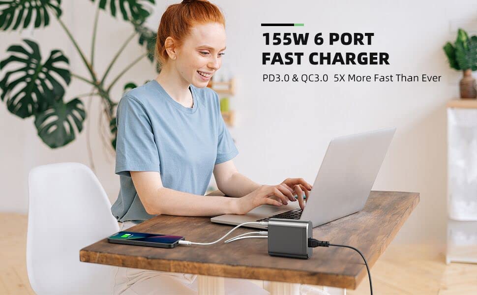 USB C Charger,155W USB C Charging Station Laptop Charger 6-Port Portable USB C Wall Fast Charger USB C Power Adapter for MacBook Pro/Air,iPad Pro,iPhone 14/13/Mini/Pro/13Pro Max/12 Samsung Galaxy Note