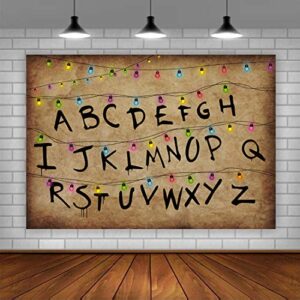 Lofaris Stranger Photography Backdrop Rustic Alphabet Colorful Lights Background Kids Birthday Party Decorations Supplies Cake Table Banner Photo Booth Props Cake Table Banner 5x3ft