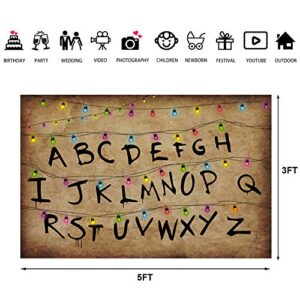 Lofaris Stranger Photography Backdrop Rustic Alphabet Colorful Lights Background Kids Birthday Party Decorations Supplies Cake Table Banner Photo Booth Props Cake Table Banner 5x3ft