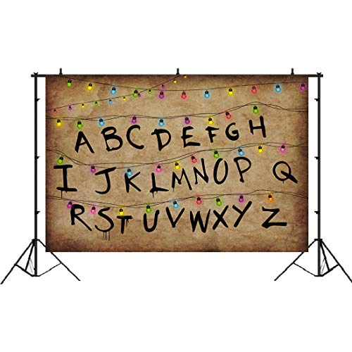 Lofaris Stranger Photography Backdrop Rustic Alphabet Colorful Lights Background Kids Birthday Party Decorations Supplies Cake Table Banner Photo Booth Props Cake Table Banner 5x3ft