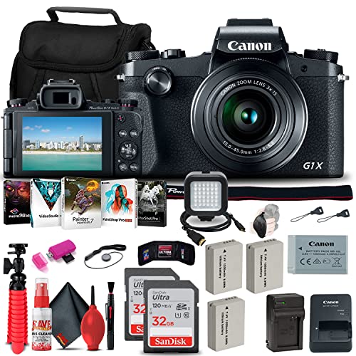 Canon PowerShot G1 X Digital Camera (5249B001) + 2 x 32GB Card + 3 x NB10L Battery + NB10L Charger + Card Reader + LED Light + Corel Photo Software + Case + Flex Tripod + HDMI Cable + More (Renewed)