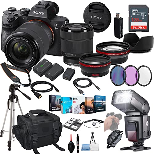 Sony a7 III Mirrorless Camera with 28-70mm Lens Bundle - ILCE7M3K/B + Prime Accessory Package Including 128GB Memory, TTL Flash, Replacement Battery, Editing Software Package, Auxiliary Lenses & More