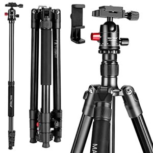 mactrem professional camera tripod with phone mount, 62″ dslr tripod for travel, super lightweight and reliable stability, ball head tripod detachable monopod with carry bag (black)