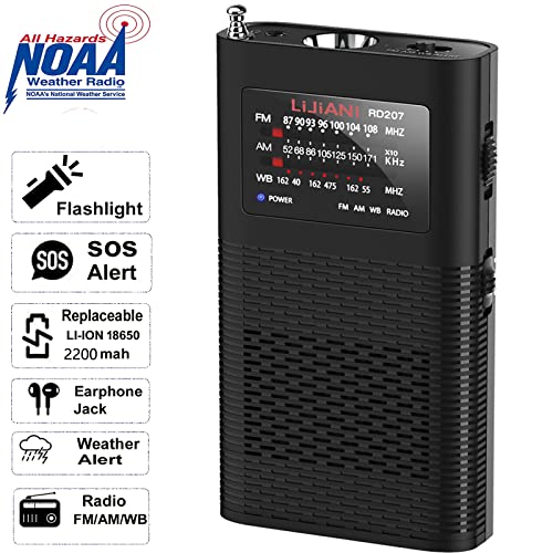 NOAA Weather Radio Portable AM FM Transistor auto Alert Battery Operated by1500MAH Battery with Strong Flashlight Emergency SOS Alarm Ultra-Long Antenna Best Reception