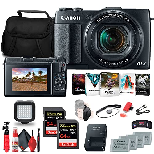 Canon PowerShot G1 X Mark II Digital Camera (9167B001) + 2 x 64GB Card + 3 x NB13L Battery + Charger + Card Reader + LED Light + Corel Photo Software + HDMI Cable + Case + Tripod + More (Renewed)