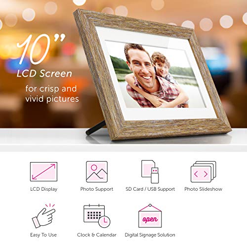 Aluratek 10” Distressed Wood Digital Photo Frame with Auto Slideshow, 1024 x 600 (ADPFD10F), 10" Wood Border, 10 Inch