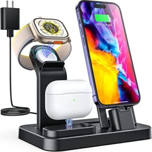 rjr updated 3 in 1 charging station for apple devices, self adjusting charging dock for iwatch 8 7 6 se 5 4 3 2 1, built-in charger stand for iphone series airpods gifts (with 15w adapter) black