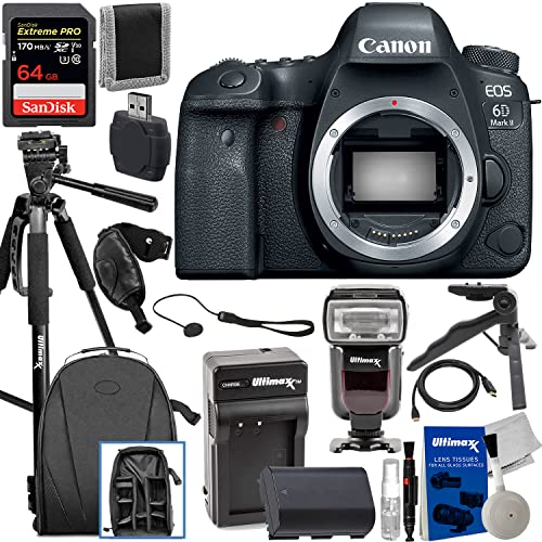 Canon EOS 6D Mark II DSLR Camera (Body Only) + Extreme Pro 64GB Memory Card, Universal Speedlite w/LED Video Light, Lightweight 60” Tripod, Spare Battery & Much More (23pc Bundle)