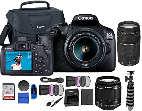 Camera EOS 2000D (Rebel T7) DSLR Camera w/EF-S 18-55mm F/3.5-5.6 Lens + EF 75-300mm f/4-5.6 III Lens + Deluxe Case + Sandisk 128GB Memory Card + 3pc Filter Kit + Tripod + Card Reader + Cleaning Kit