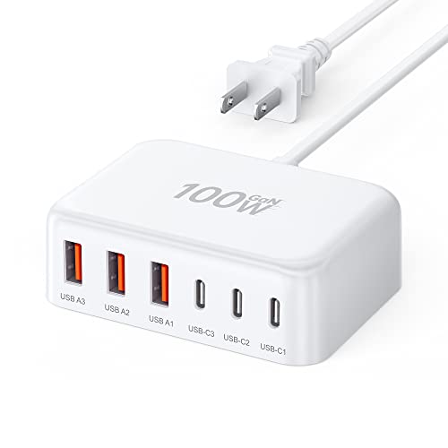 USB C Charger, 100W GaN 6 Port PD USB C and QC USB A Wall Charger Adapter Plug Cube, Super Fast Type C Charging Station Hub for iPhone 14 13 12 Pro Max, iPad, Samsung Galaxy, Pixel, 5ft Extension Cord