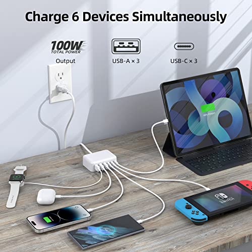 USB C Charger, 100W GaN 6 Port PD USB C and QC USB A Wall Charger Adapter Plug Cube, Super Fast Type C Charging Station Hub for iPhone 14 13 12 Pro Max, iPad, Samsung Galaxy, Pixel, 5ft Extension Cord