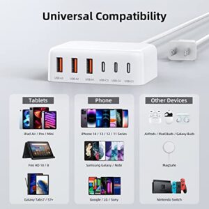 USB C Charger, 100W GaN 6 Port PD USB C and QC USB A Wall Charger Adapter Plug Cube, Super Fast Type C Charging Station Hub for iPhone 14 13 12 Pro Max, iPad, Samsung Galaxy, Pixel, 5ft Extension Cord