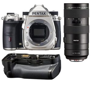 pentax k-3 mark iii aps-c-format dslr camera body, silver hd d fa 70-210mm f4 ed sdm wr lens d-bg8 battery grip