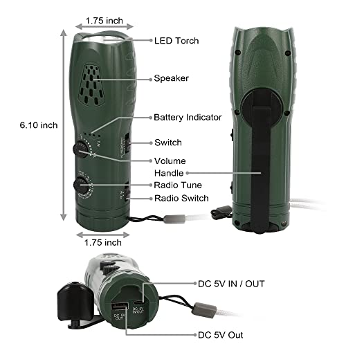 Hand Crank Flashlight with Emergency Radio LED Torch Phone Charger, Portable Dynamo SOS Rechargeable USB Charging Handheld LED Flashlights Built-in Loudspeaker for Camping Hiking Gift