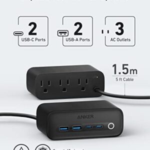 Anker 525 Charging Station, 7-in-1 USB C Power Strip for iphone13/14, 5ft Extension Cord with 3AC,2USB A,2USB C,Max 65W Power Delivery Desktop Accessory for MacBook Pro, Home, Office (Phantom Black)