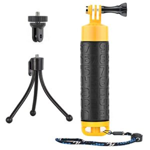 soonsun waterproof floating hand grip compatible with gopro hero 11 10 9 8 7 6 5 4 3+ 2 1 session fusion max, floaty handle handler with mini tripod accessories kit for action cameras water sports