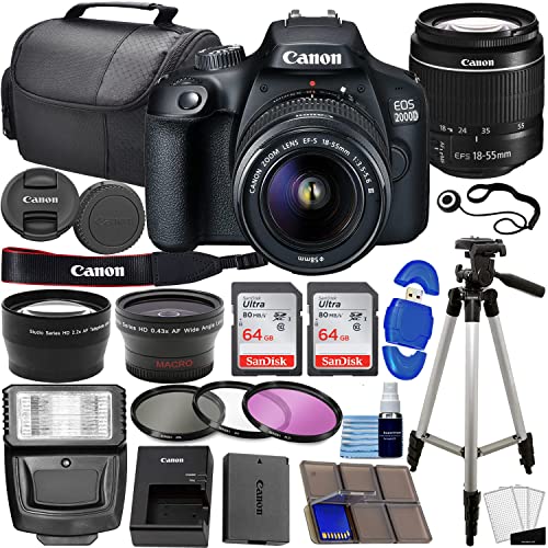 Canon EOS 2000D / Rebel T7 DSLR Camera w/EF-S 18-55mm f/3.5-5.6 Lens 3 Lens Kit Bundled with 128GB Memory + Wide Angle Lens + Telephoto Lens + Flash + More (Renewed)