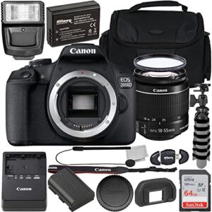 canon eos 2000d (rebel t7) dslr camera with ef-s 18-55mm f/3.5-5.6 is ii lens + 64gb sdxc, digital flash, extended life replacement battery, water resistant gadget bag & more (19pc bundle)