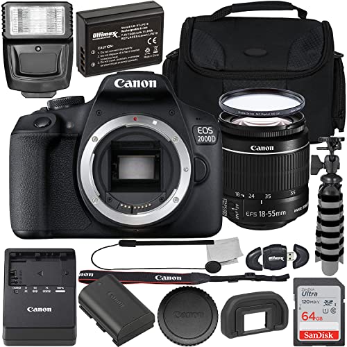 Canon EOS 2000D (Rebel T7) DSLR Camera with EF-S 18-55mm f/3.5-5.6 is II Lens + 64GB SDXC, Digital Flash, Extended Life Replacement Battery, Water Resistant Gadget Bag & More (19pc Bundle)