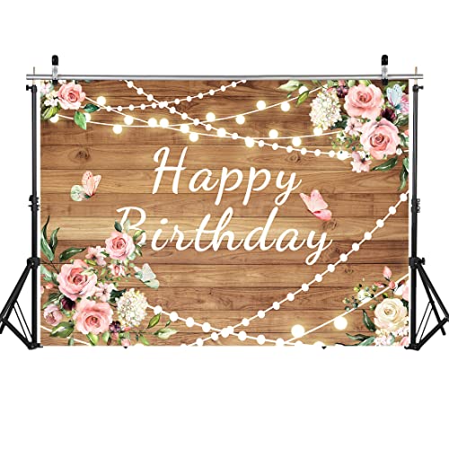 LYCGS 7X5FT Pink Flower Wood Backdrop Happy Birthday Girl Party Background Watercolor Flower Girl Photography Background Spring Flower backdrops Baby Shower Newborn Photography Props X-12