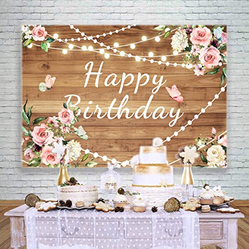 LYCGS 7X5FT Pink Flower Wood Backdrop Happy Birthday Girl Party Background Watercolor Flower Girl Photography Background Spring Flower backdrops Baby Shower Newborn Photography Props X-12