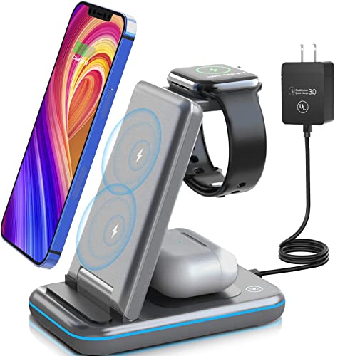 Wireless Charging Station - TYCRALI 3 in 1 Wireless Charger for Multiple Devices Apple, Foldable Charger Stand Designed for iPhone 14/13/12/Pro/Max, AirPods, iWatch, Ideal Gift for Men