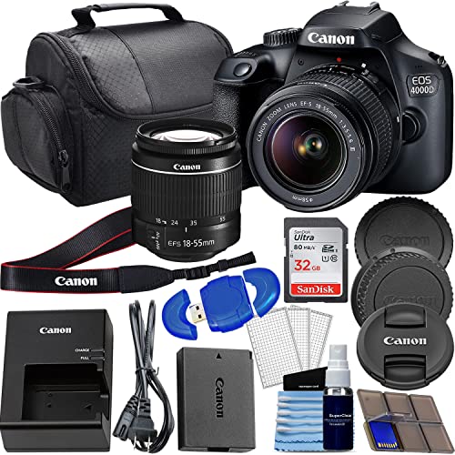 Camera EOS 4000D DSLR (Rebel T100) W/ 18-55mm Zoon Lens | 18 Megapixels CMOS | Full HD Video + 32GB SD Card + Padded Case + High Speed Card Reader + Starter Bundle