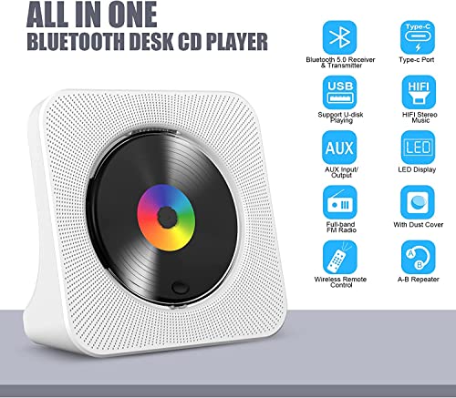 Gueray CD Player Portable Bluetooth Desktop CD Player for Home CD Player with Timer Built-in HiFi Speakers with LCD Screen Display Home Audio Boombox FM Radio USB Type-c MP3 Music Player