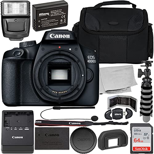 Canon EOS 4000D DSLR (Body Only) with Starter Accessory Bundle - Includes: SanDisk Ultra 64GB SDXC, Digital Flash, Extended Life Replacement Battery, Water Resistant Gadget Bag & More