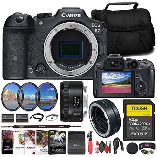 Canon EOS R7 Mirrorless Camera (5137C002) + Canon EF 50mm Lens (0570C002) + Canon Mount Adapter + Sony 64GB Tough SD Card + Filter Kit + Bag + Charger + LPE6 Battery + Card Reader + More (Renewed)