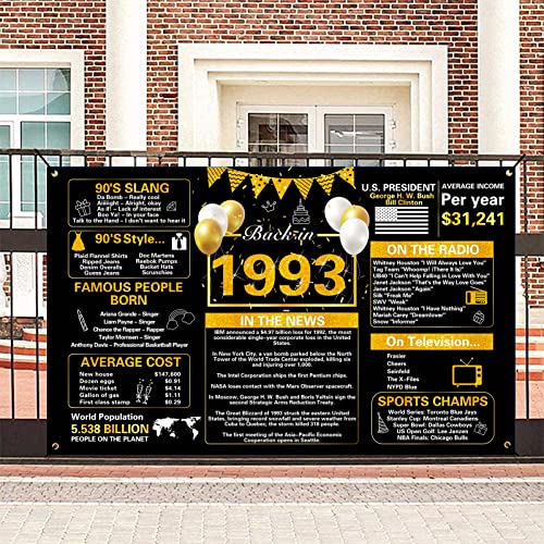 Crenics Black Gold 30th Birthday Decorations for Him, Vintage Back in 1993 Birthday Backdrop Banner, Large 30 Birthday Anniversary Poster Photo Background Party Supplies for Women Men, 5.9 x 3.6 Ft