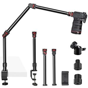 FOUTOUKEEP Flexible Overhead Camera Mount with 1/4“ 3/8" 5/8" Screws, Adjustable 3-Section Camera Stand Clamp with 180° Range & 360° Base, Overhead Webcam Phone Camera Mount for Photography