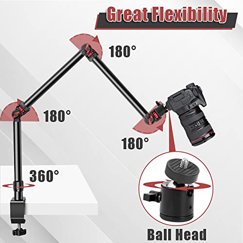 FOUTOUKEEP Flexible Overhead Camera Mount with 1/4“ 3/8" 5/8" Screws, Adjustable 3-Section Camera Stand Clamp with 180° Range & 360° Base, Overhead Webcam Phone Camera Mount for Photography