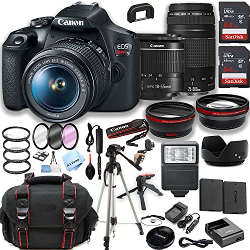 Canon EOS Rebel T7 DSLR Camera w/ 18-55mm is II Zoom Lens + 75-300mm III Lens + 2pcs 64GB Memory + Case+ Tripod + Steady Grip Pod + Filters + Macro + 2X Lens + 2X Batteries + More (37pc Bundle)