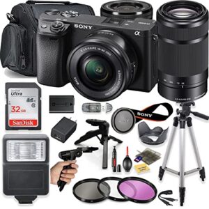 sony a6400 mirrorless camera (black) with 16-50mm oss e 55-210mm lens + deluxe bundle including sandisk 32gb card, case, flash, grip tripod, 50″ tripod, and more