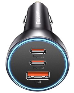 65w usb c car charger, baseus qc3.0 pd3.0 type c car charger, 3 ports independent fast charging car charger phone adapter for iphone 14 13 12 pro max xs x, samsung, ipad pro/air, airpods (dark gray)