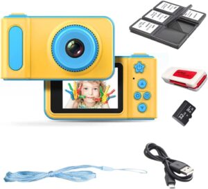 edealz full 1080p kids selfie hd compact digital photo and video rechargeable camera with 2″ lcd screen, video games and micro usb charging (blue, sd card + reader + card holder)