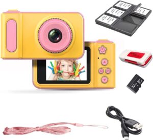 edealz full 1080p kids selfie hd compact digital photo and video rechargeable camera with 2″ lcd screen, video games and micro usb charging (pink, sd card + reader + card holder)