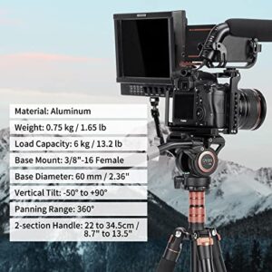 Cayer H6 Video Fluid Head, Camera Tripod Fluid Drag Pan Head with 60 mm Flate Base, 2-Section Pan Bar Handle, 1/4 and 3/8 Screws Sliding Plate for DSLR Cameras Video Camcorders, Max Loading 13.2LB