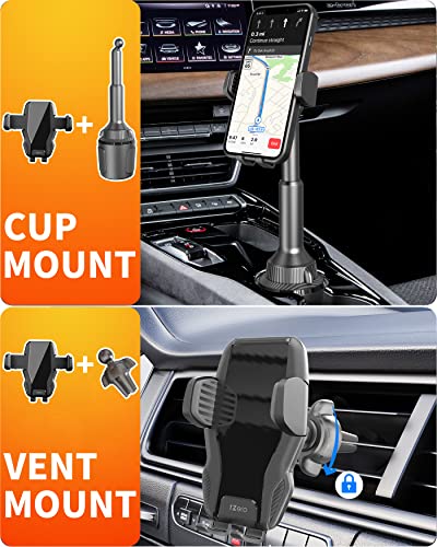 1Zero Rock Solid Cup Holder Phone Mount for Car Low Profile No Shaking Long Arm 2in1 Air Vent Car Phone Mount Compatible with All iPhone Samsung Cell Phones for Truck SUV Tesla Golf Cart Boat