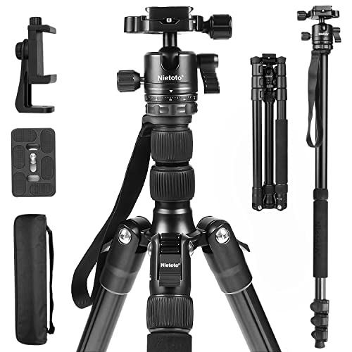 Nietoto 68" Camera Tripod, Aluminum Travel Tripod for Camera, DSLR Camema Tripod, Compact Professional Camera Tripod Monopod with 360 Panorama Ball Head, 1/4 QR Plate, Carry Bag