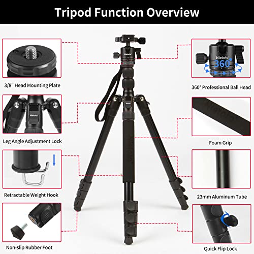 Nietoto 68" Camera Tripod, Aluminum Travel Tripod for Camera, DSLR Camema Tripod, Compact Professional Camera Tripod Monopod with 360 Panorama Ball Head, 1/4 QR Plate, Carry Bag