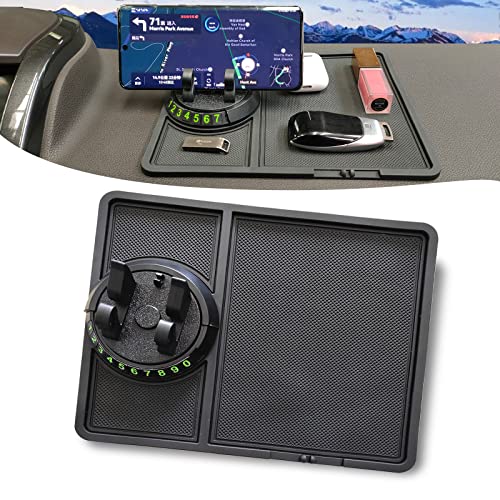 Non-Slip Phone Pad for 4-in-1 Car, Universal Dashboard Pad 360°Rotation With Temporary Car Parking Card Number Plate Anti-Shake Pad for Cell Phones, Sunglasses, Keys, Coins and More