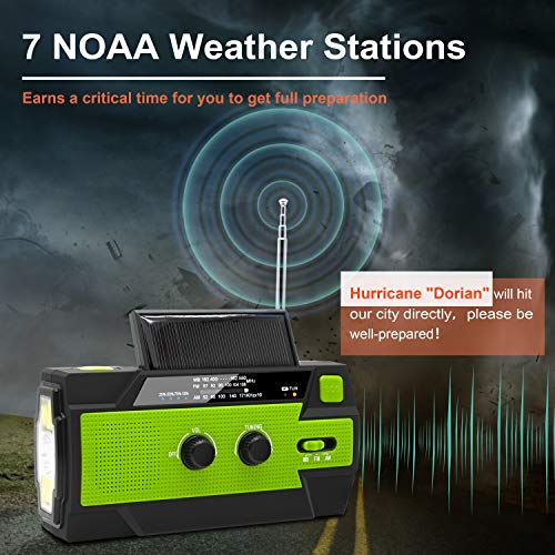 Emergency Crank Weather Radio, 4000mAh Solar Hand Crank Portable AM/FM/NOAA Weather Radio with 1W 3 Mode Flashlight & Motion Sensor Reading Lamp, Cell Phone Charger, SOS for Home and Emergency